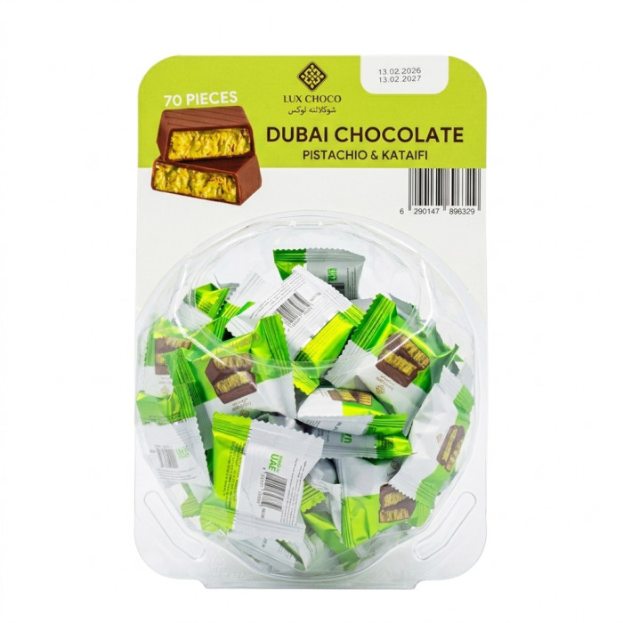 Бокс міні-шоколаду LUX CHOCO з фісташковою начинкою та катаїфі 70 шт (вага 1кг)