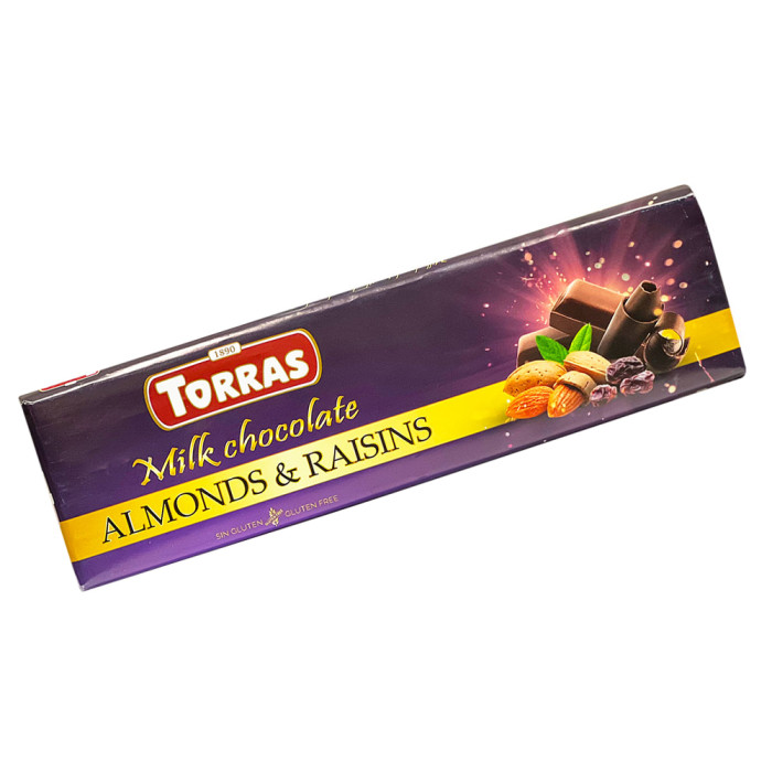Шоколад молочный Torras с миндалем и изюмом без глютена 33% 300г, Испания